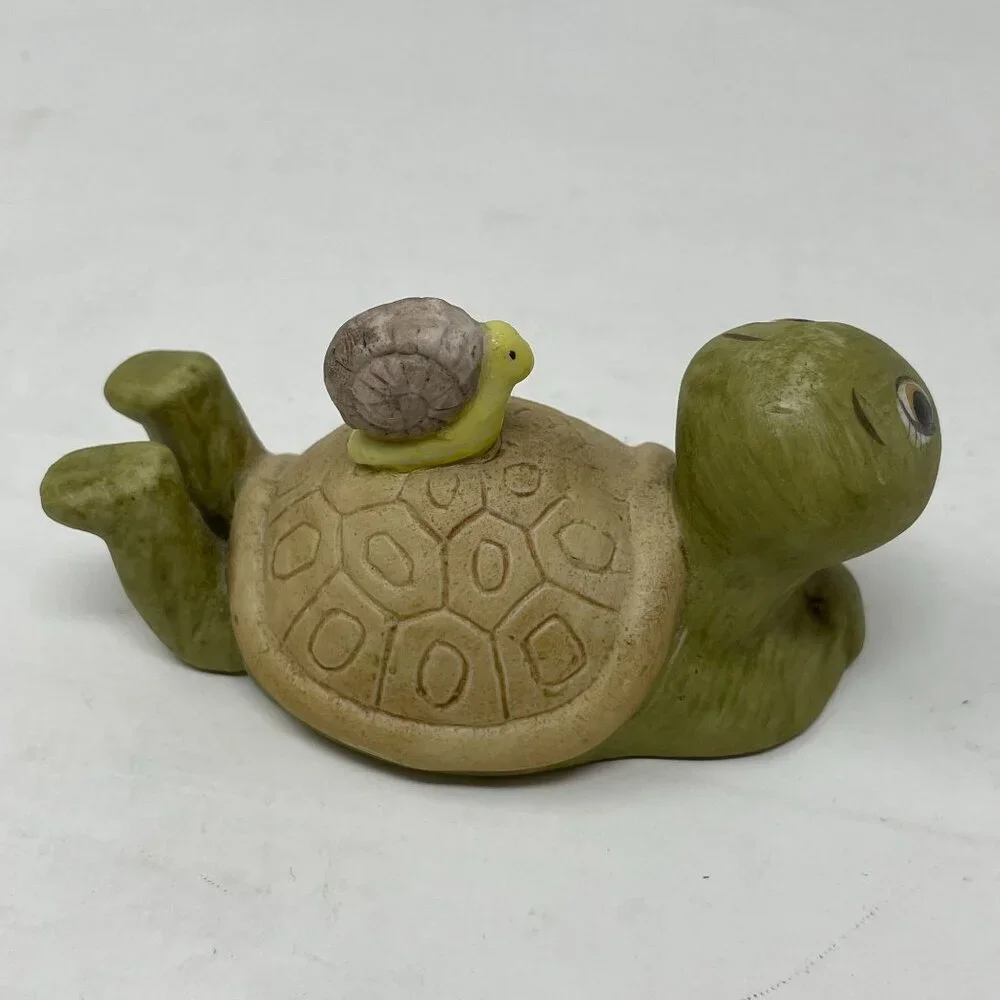 Vintage Ceramic Turtle Figurine Baby Turtle Riding On Back Laying Down Comfy - Picture 2 of 9